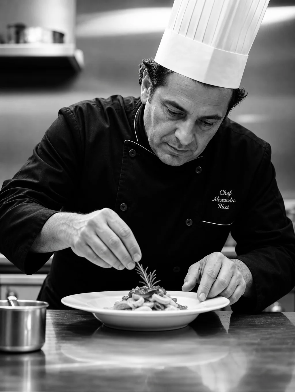 Executive Chef Marco Valenti plating a fresh seasonal pasta dish