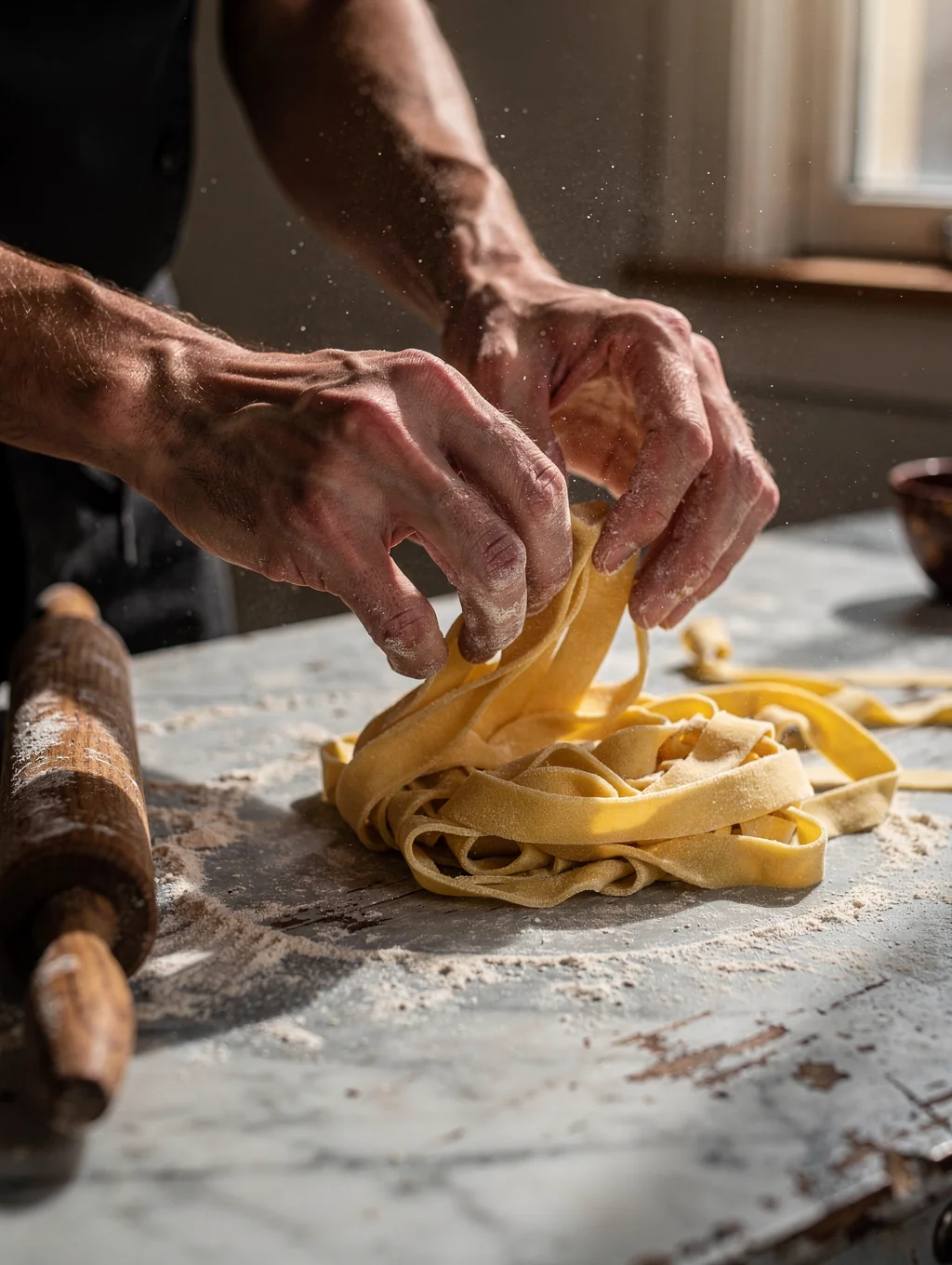 Chef hands shaping fresh pasta on a wooden flour board